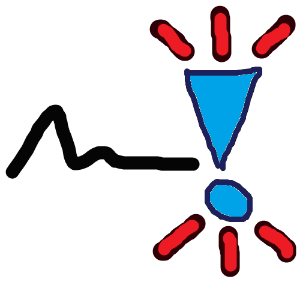A black squiggle to the left, indicating text, and a large blue exclamation mark with red emphasis marks above and below to the right.